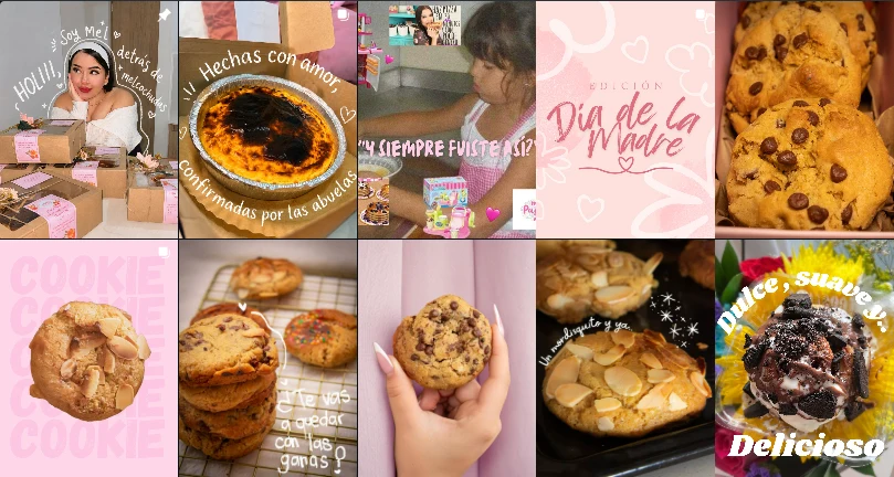 Feed de Instagram de Melcochudas antes del rebranding: diez publicaciones, cada una con una tipografía, un rosa y un tratamiento fotográfico distintos