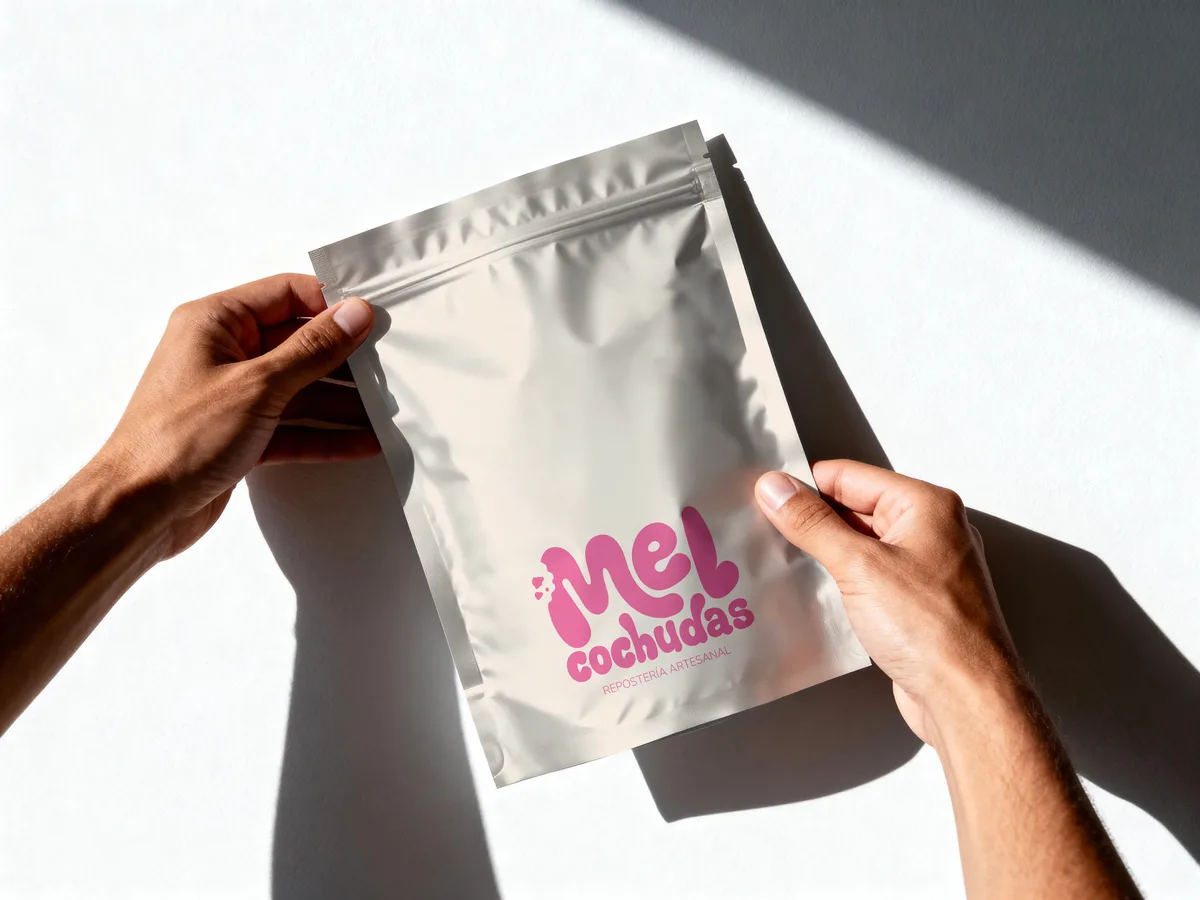Bolsa de empaque con el imagotipo de Melcochudas