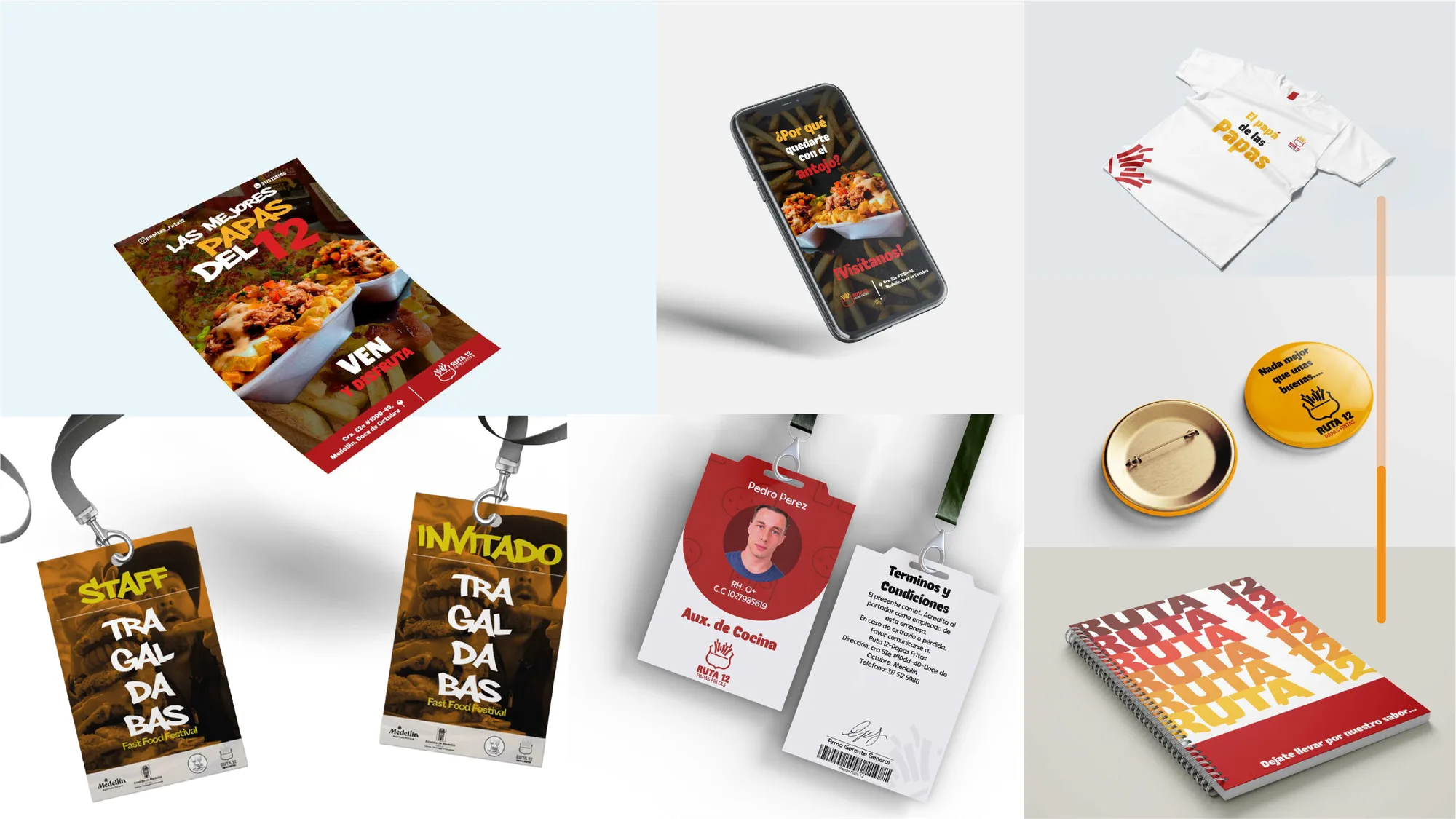 Aplicaciones de Papas Ruta 12: afiche, publicación en redes, camisetas, escarapelas, botones y cuaderno