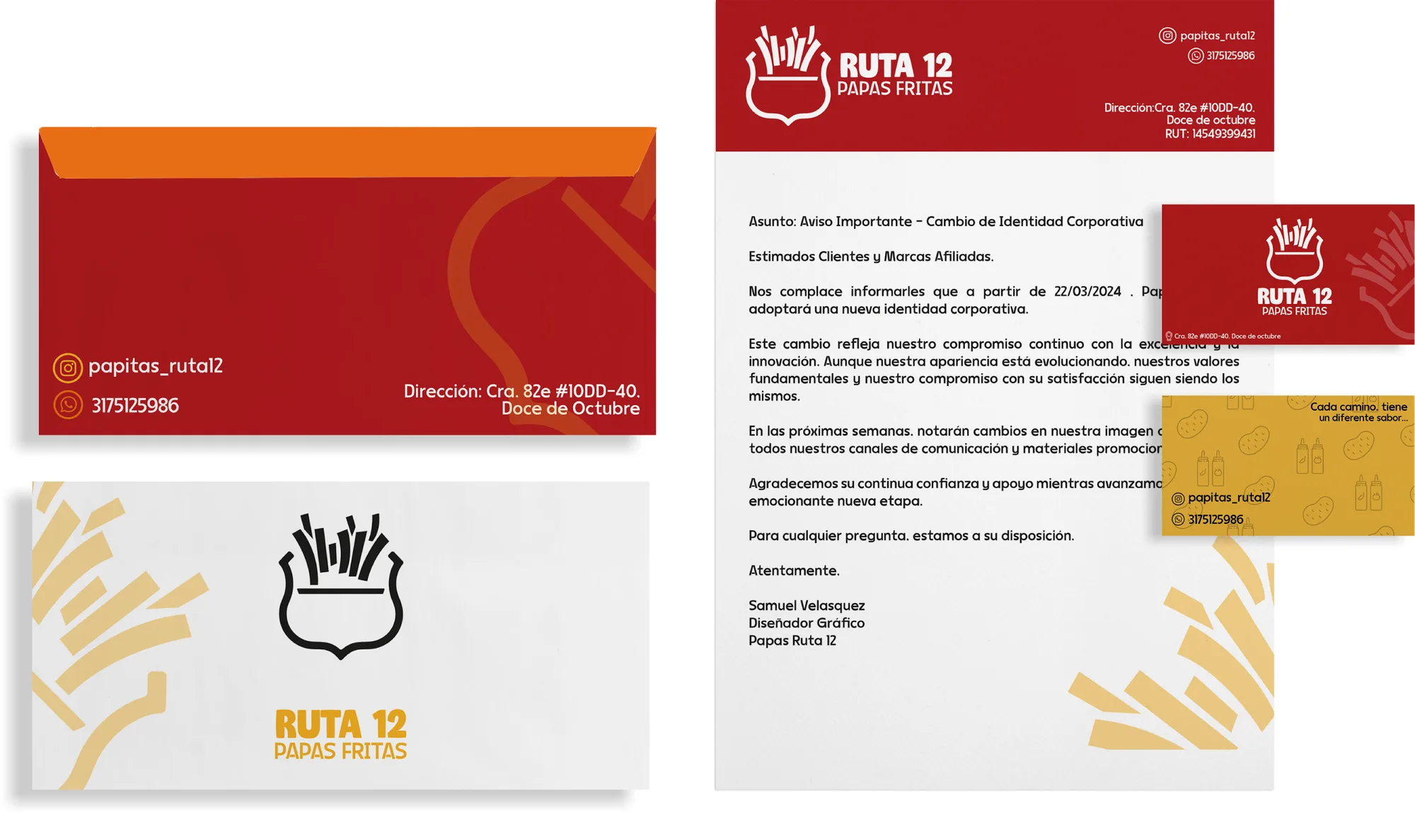 Papelería de Papas Ruta 12: sobre, hoja membretada, tarjeta de presentación y empaque
